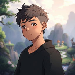 A male character with very short textured hair and a mid fade haircut, featuring a small mole on the top left of his forehead, styled in Studio Ghibli fashion