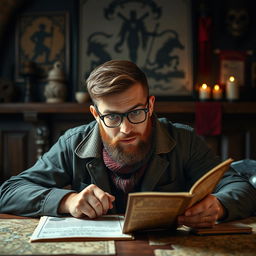 A handsome dungeon master sits confidently at a table, deeply engrossed in telling an elaborate tale