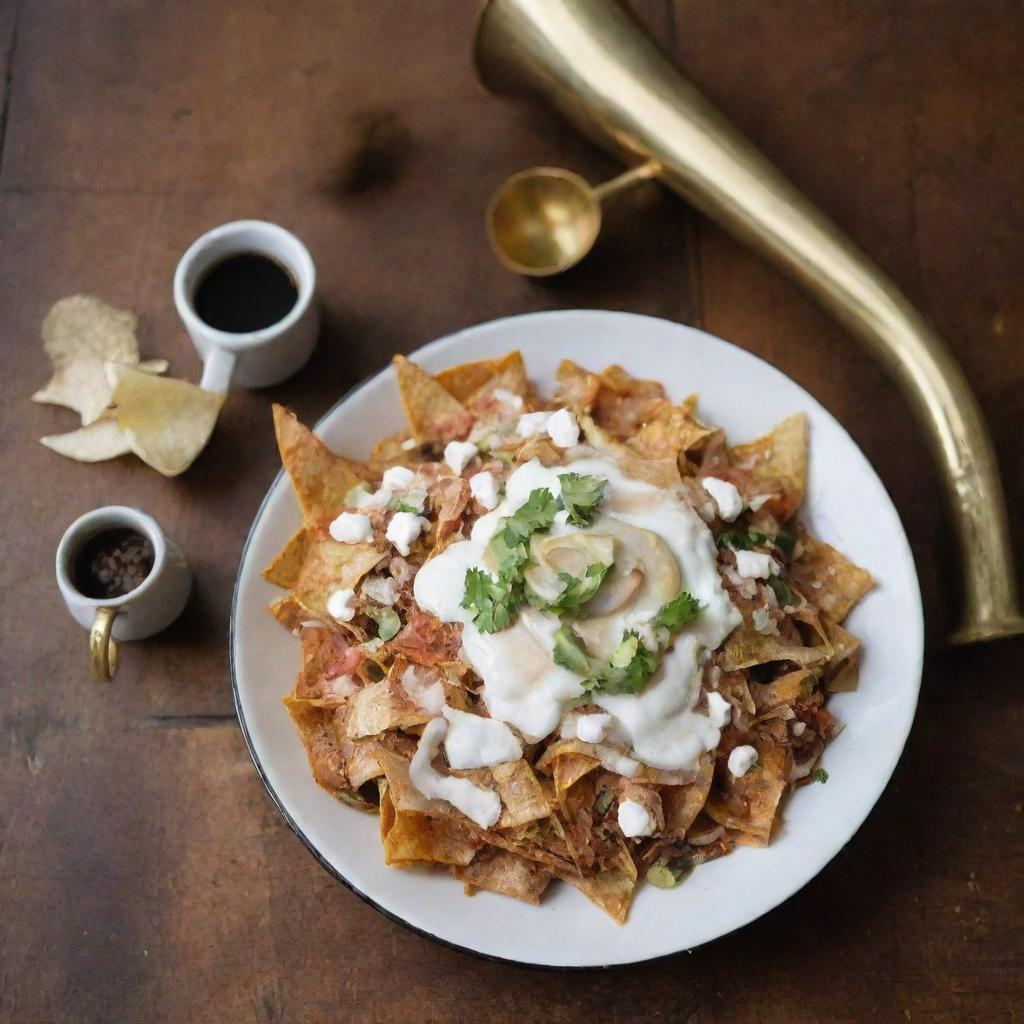 A flavorful dish of chilaquiles served with a shiny, brass trumpet resting nearby on a rustic wooden table.