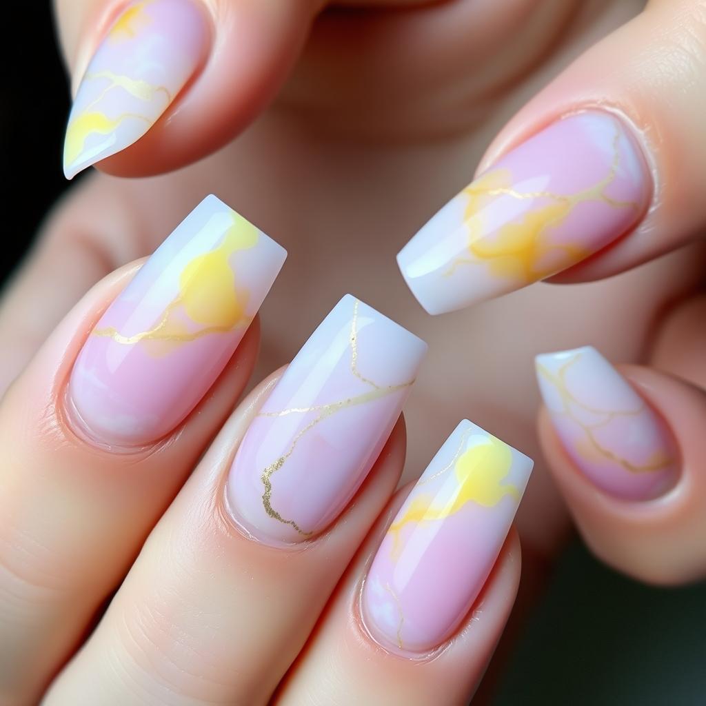 A captivating lunar manicure featuring a blend of lilac pink with yellow marble, creating a celestial and artistic appearance