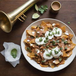 A flavorful dish of chilaquiles served with a shiny, brass trumpet resting nearby on a rustic wooden table.