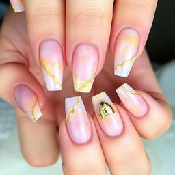 A captivating lunar manicure featuring a blend of lilac pink with yellow marble, creating a celestial and artistic appearance