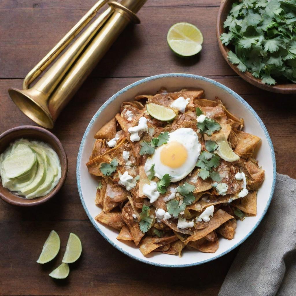 A flavorful dish of chilaquiles served with a shiny, brass trumpet resting nearby on a rustic wooden table.