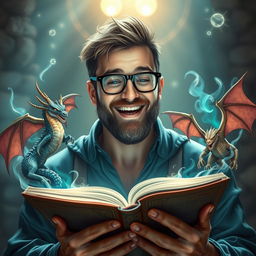 A handsome dungeon master with a short beard and glasses, joyfully telling a story