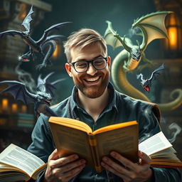 A handsome dungeon master with a short beard and glasses, joyfully telling a story