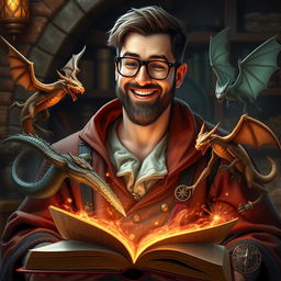 A handsome dungeon master with a short beard and glasses, joyfully telling a story