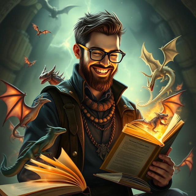 A handsome dungeon master with a short beard and glasses, joyfully telling a story