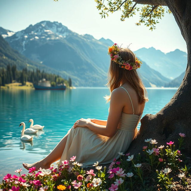 A super realistic scene of a woman leaning against a flowering tree trunk by the lake, wearing a dress