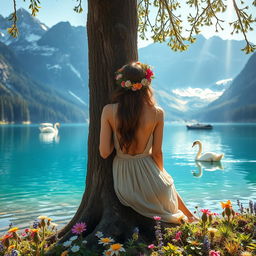 A super realistic scene of a woman leaning against a flowering tree trunk by the lake, wearing a dress