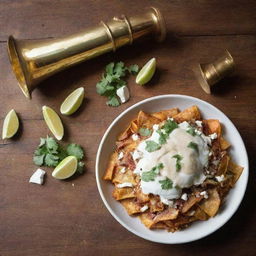 A flavorful dish of chilaquiles served with a shiny, brass trumpet resting nearby on a rustic wooden table.