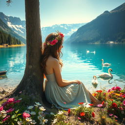 A super realistic scene of a woman leaning against a flowering tree trunk by the lake, wearing a dress