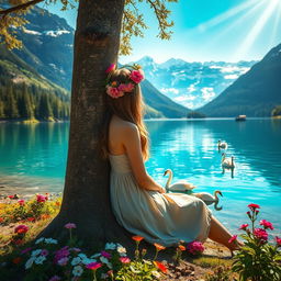 A super realistic scene of a woman leaning against a flowering tree trunk by the lake, wearing a dress