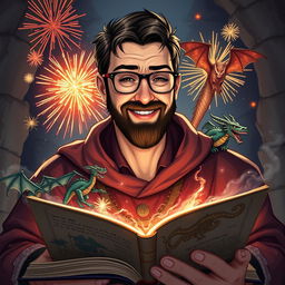 A handsome dungeon master telling an exciting story, with a short beard and glasses