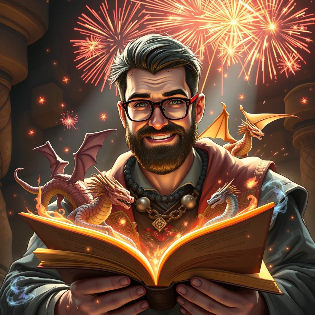 A handsome dungeon master telling an exciting story, with a short beard and glasses