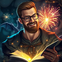 A handsome dungeon master telling an exciting story, with a short beard and glasses