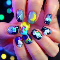 A playful and imaginative moon manicure on one hand, perfect for a lively party setting