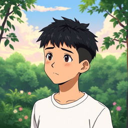 A male character with very short textured black hair and a mid fade haircut, illustrated in Studio Ghibli style