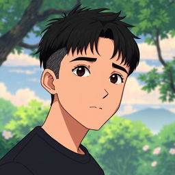 A male character with very short textured black hair and a mid fade haircut, illustrated in Studio Ghibli style