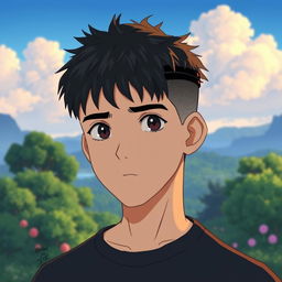 A male character with very short textured black hair and a mid fade haircut, illustrated in Studio Ghibli style