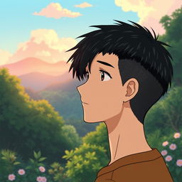 A male character with very short textured black hair and a mid fade haircut, illustrated in Studio Ghibli style