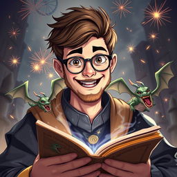 A happy and handsome young dungeon master with a short beard and glasses, exuding a sense of warmth and charm