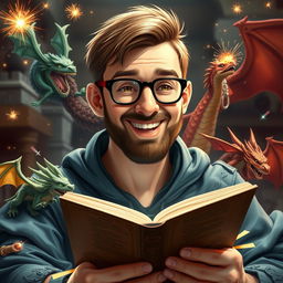 A happy and handsome young dungeon master with a short beard and glasses, exuding a sense of warmth and charm