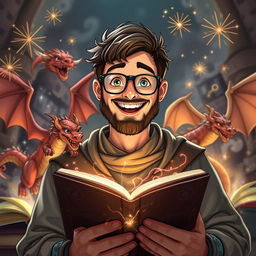 A happy and handsome young dungeon master with a short beard and glasses, exuding a sense of warmth and charm