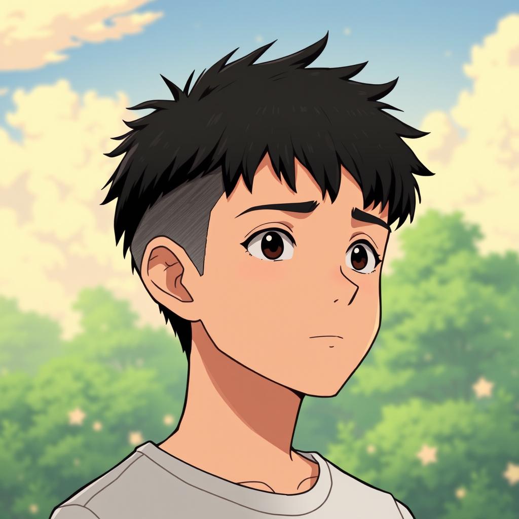 A male character with very short textured black hair and a mid fade haircut, illustrated in Studio Ghibli style