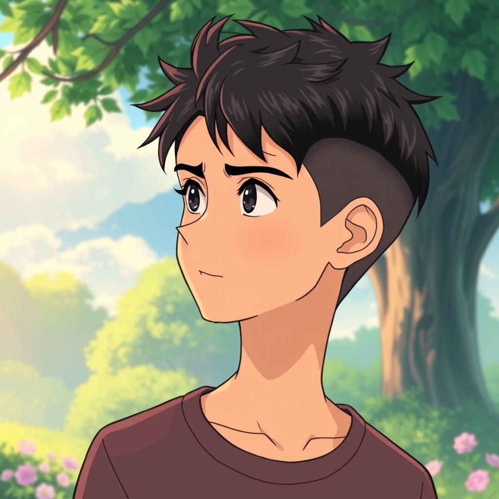 A male character with very short textured black hair and a mid fade haircut, illustrated in Studio Ghibli style