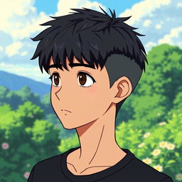 A male character with very short textured black hair and a mid fade haircut, illustrated in Studio Ghibli style