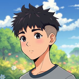 A male character with very short textured black hair and a mid fade haircut, illustrated in Studio Ghibli style