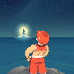 An athletic, anthropomorphic mushroom gazing longingly towards the sea under a starry night sky