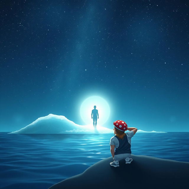 An athletic, anthropomorphic mushroom gazing longingly towards the sea under a starry night sky