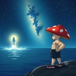 An athletic, anthropomorphic mushroom gazing longingly towards the sea under a starry night sky