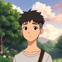 A male character with very short textured black hair and a mid fade haircut, illustrated in Studio Ghibli style