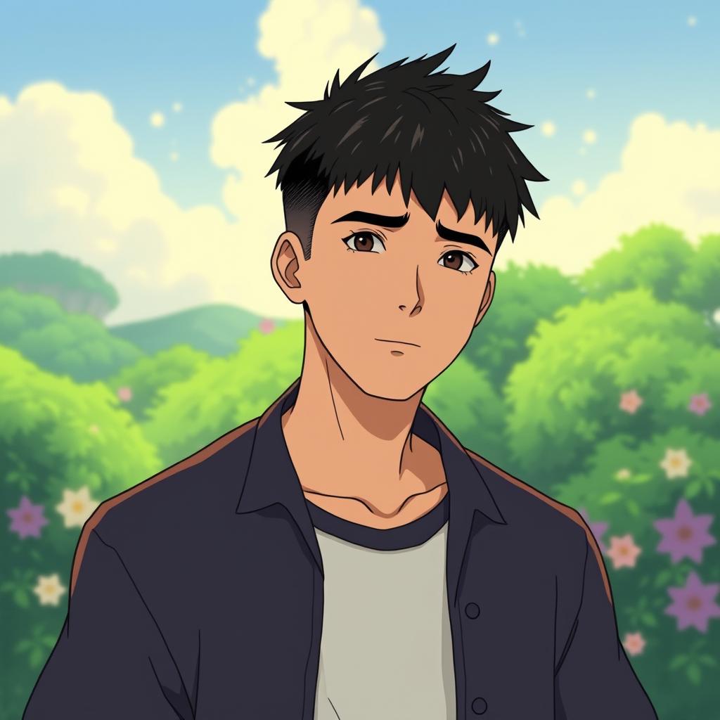 A male character with very short textured black hair and a mid fade haircut, illustrated in Studio Ghibli style