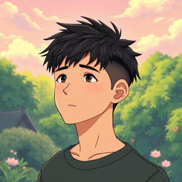 A male character with very short textured black hair and a mid fade haircut, illustrated in Studio Ghibli style