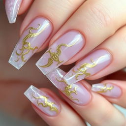 A detailed close-up of a single hand with an exquisite manicure featuring crystal nails