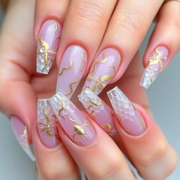 A detailed close-up of a single hand with an exquisite manicure featuring crystal nails