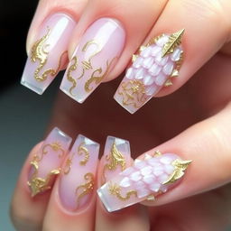 A detailed close-up of a single hand with an exquisite manicure featuring crystal nails