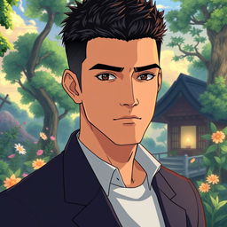 A mature male character with very short textured black hair and a mid fade haircut, illustrated in Studio Ghibli style