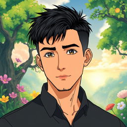 A mature male character with very short textured black hair and a mid fade haircut, illustrated in Studio Ghibli style