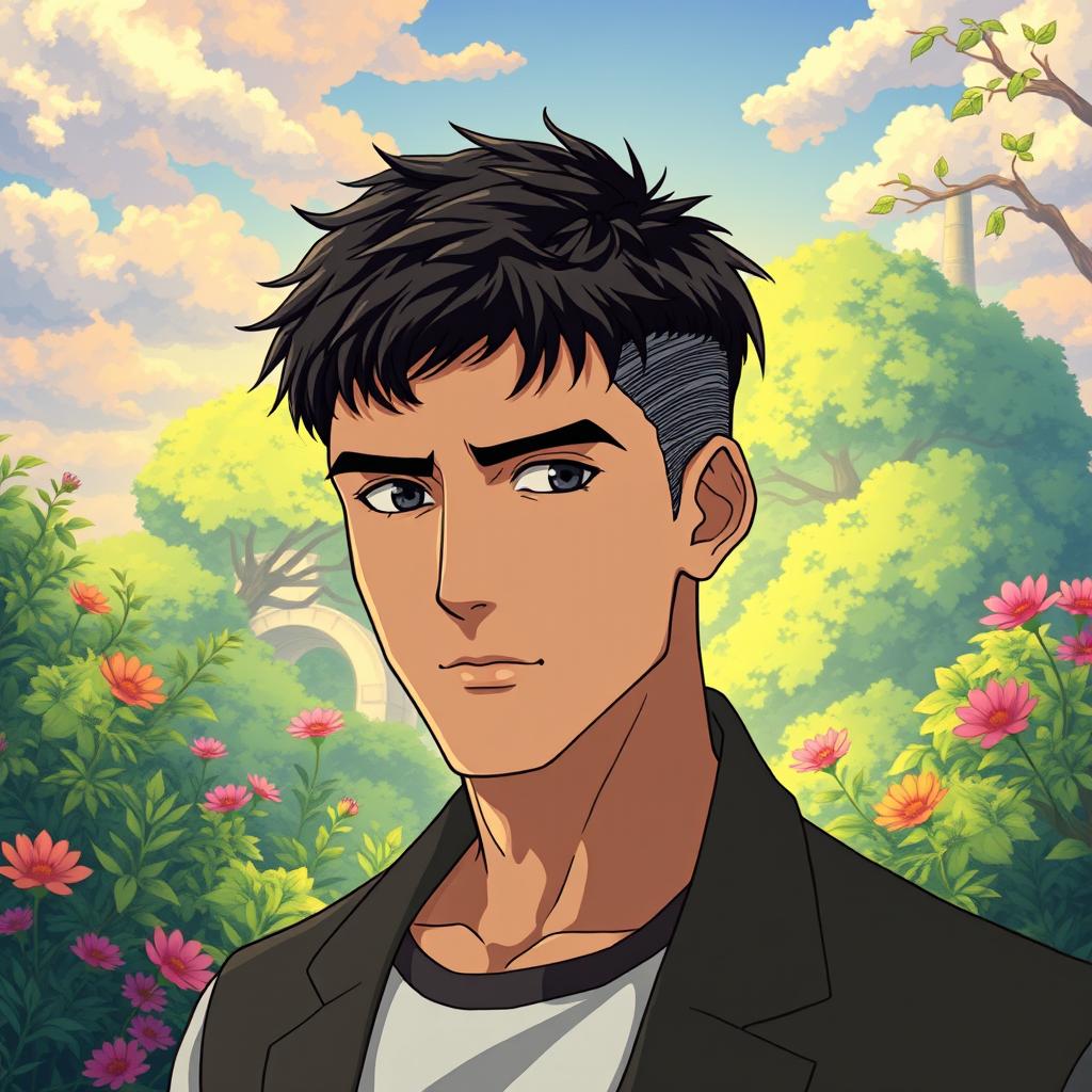 A mature male character with very short textured black hair and a mid fade haircut, illustrated in Studio Ghibli style