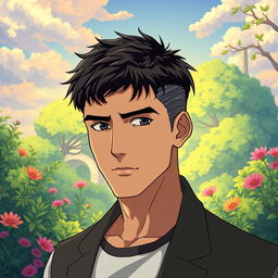 A mature male character with very short textured black hair and a mid fade haircut, illustrated in Studio Ghibli style