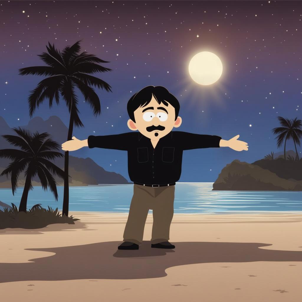 A cartoon character standing on a tropical beach at night with a full moon in the background