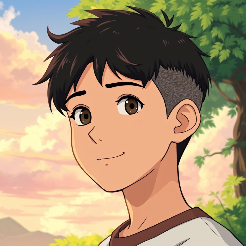 A teenage male character with a distinctive oval-shaped face, very short textured black hair, and a mid fade haircut, illustrated in Studio Ghibli style