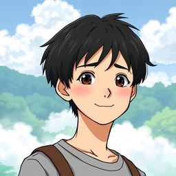 A teenage male character with a distinctive oval-shaped face, very short textured black hair, and a mid fade haircut, illustrated in Studio Ghibli style