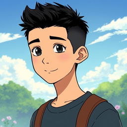 A teenage male character with a distinctive oval-shaped face, very short textured black hair, and a mid fade haircut, illustrated in Studio Ghibli style