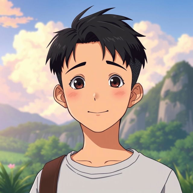 A teenage male character with a distinctive oval-shaped face, very short textured black hair, and a mid fade haircut, illustrated in Studio Ghibli style