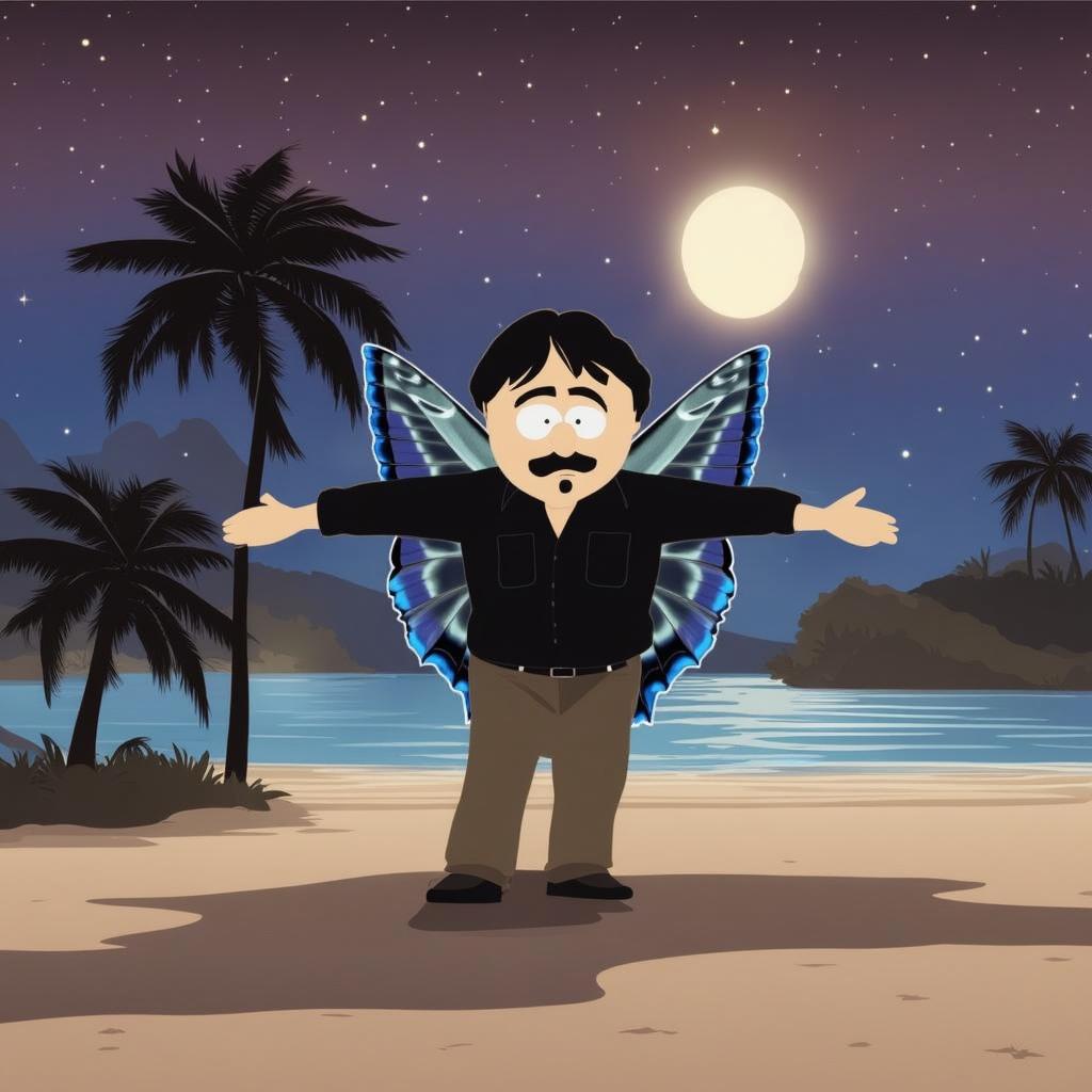 A cartoon character standing on a tropical beach at night with a full moon in the background